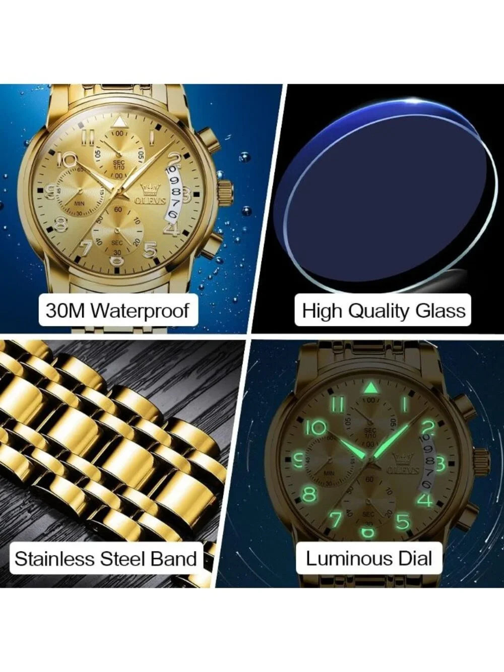 Men's Gold Face/Gold Band Stainless Steel Chronograph Waterproof Wrist Watch